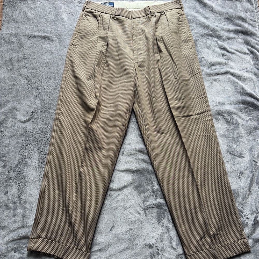 Vintage Polo Ralph Lauren Houndstooth Pleated Cotton Trousers Brown Tan‎ 36x30